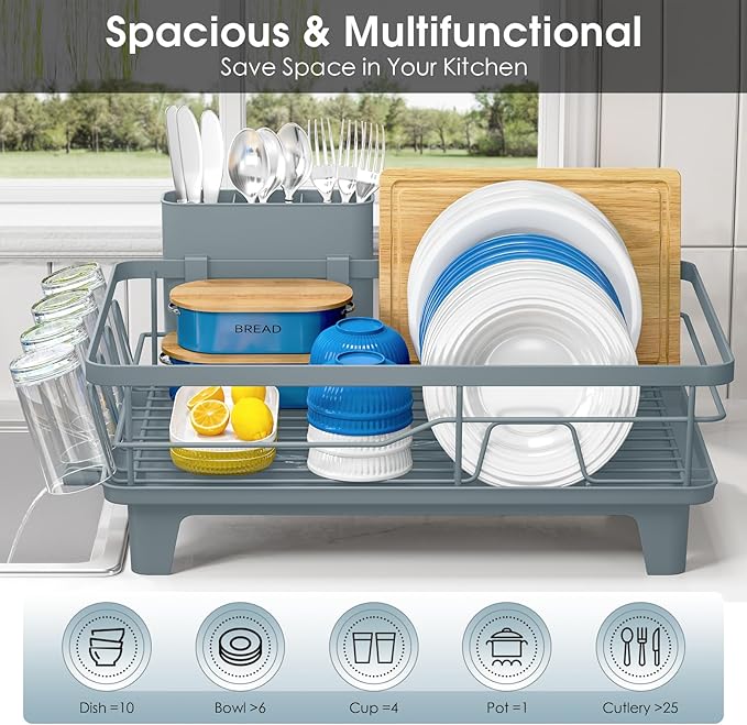 Urackify Dish Drying Rack for Kitchen Counter, Sink Dish Rack with Drainboard, Large Dish Drainer with Cups Holder, Home Countertop Plate Dryer Storage Rack with Cutlery Holder, Blue - Image 4