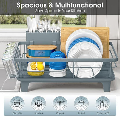 Urackify Dish Drying Rack for Kitchen Counter, Sink Dish Rack with Drainboard, Large Dish Drainer with Cups Holder, Home Countertop Plate Dryer Storage Rack with Cutlery Holder, Blue - Image 4