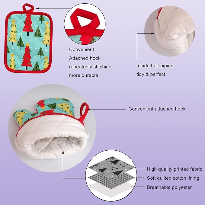 Oven Mitts and Potholders Dish Towles Set 100% Cotton for Perfect for Gifting, Baking and Everyday Cooking Durable Heat Resistant for Kitchen (5-Piece Christmas Tree) - Image 3