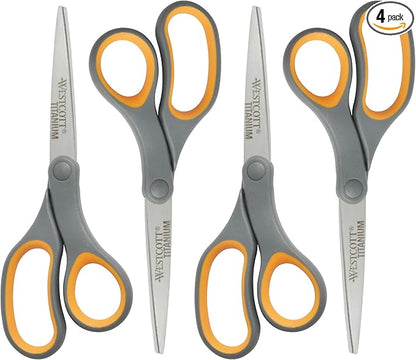 Westcott 8-Inch Titanium Bonded Straight Scissors, Soft Handle, Gray/Yellow, 4-Pack by Westcott