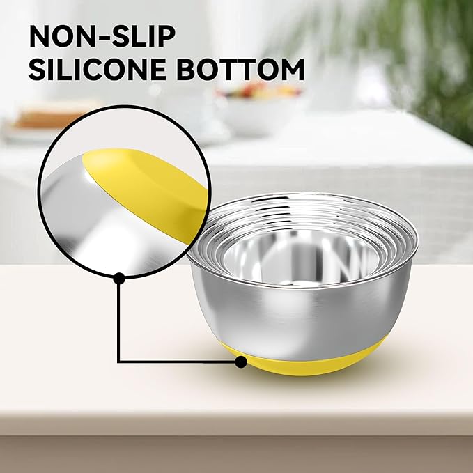KITEISCAT Stainless Steel Mixing Bowls with Lids – Set of 5 Large Nesting Metal Bowls for Kitchen, Baking, Cooking, Food Prep & Storage, Non-Slip Base, Dishwasher Safe,Yellow - Image 6