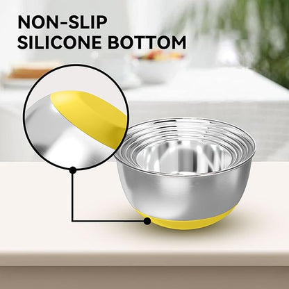 KITEISCAT Stainless Steel Mixing Bowls with Lids – Set of 5 Large Nesting Metal Bowls for Kitchen, Baking, Cooking, Food Prep & Storage, Non-Slip Base, Dishwasher Safe,Yellow - Image 6