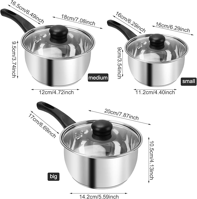 Stainless Steel Pot Set with Lid 6pcs,Sauce Pans 1QT & 2QT & 3QT Set,Triply Bottom Stainless Steel Pot Set - Image 3