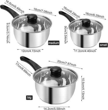 Stainless Steel Pot Set with Lid 6pcs,Sauce Pans 1QT & 2QT & 3QT Set,Triply Bottom Stainless Steel Pot Set - Image 3