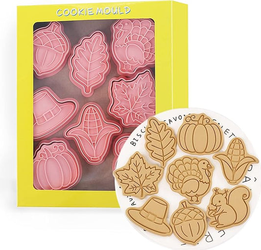8-Pcs Thanksgiving Cookie Cutters Set 3D Pumpkin, Turkey, Corn, Maple leaf, Hazelnut, Squirrel Cookie Cutters for Party Baking Decoration