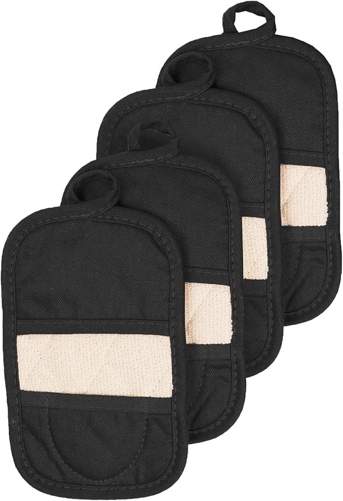 RITZ Premium Pot Holders & Heating Pads (4-Pack), 8.5" x 5.5", Heat Resistant, 100% Cotton Terry-Looped Pocket, Kitchen and Barbeque, Black by Ritz+Foodservice