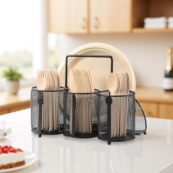 Metal Utensil Caddy Silverware Holder, Paper Plate Holder Cutlery Container,Plate Organizer Flatware Storage Basket Party Camping Picnic Buffet RV BBQ Farmhouse Kitchen Countertop - Image 3