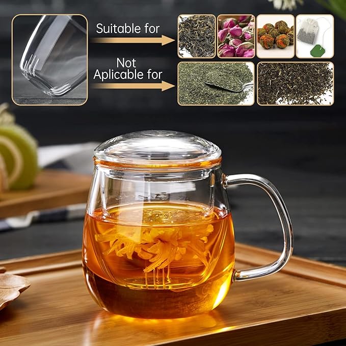 DOPUDO Glass Teacups 4 Pack Glass Tea Cup with Infuser and Lid, 17.6oz/520ml Large Borosilicate Teacup,Tea Clear Mug Cup for Loose Leaf Blooming Tea, Microwave & Dishwasher Safe. - Image 2
