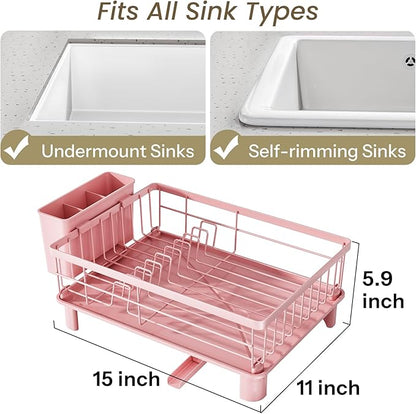 SNTD Dish Drying Rack - Small Dish Rack for Kitchen Counter, Stainless Steel Dish Drainer with Utensil Holder and Drainboard, 11" W x 15" L (Pink) - Image 2