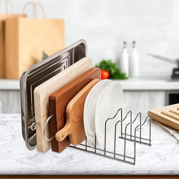 Pot Lid Organizer, Kitchen Pot Lid Rack Holder, Rest Cutting Board, Baking Sheet, Pots & Pans, Serving Trays, Stainless Steel (Silver, 2) - Image 7