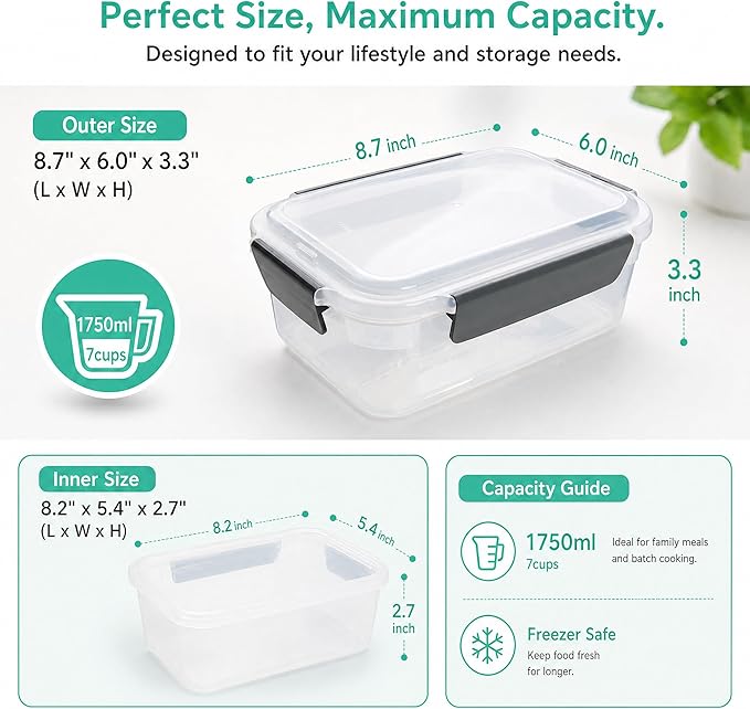 YORY 7 cup Plastic Food Storage Containers with Lids Nestable Freezer Dishwasher Safe Rectangle Meal Prep Container Set,5-Pack - Image 2