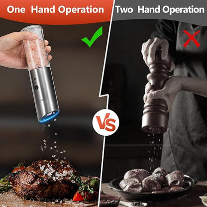 Electric Salt and Pepper Grinder Set - USB Rechargeable Gravity Salt and Pepper Shakers, Automatic Glass Mill with Adjustable Coarseness, LED Light, One-Hand Operation for Kitchen & Dining - Image 3