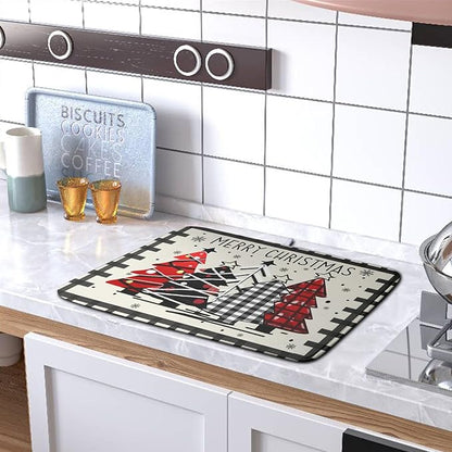 Christmas Trees Kitchen Dish Drying Mat 18x24 Inch Merry Christmas Black White Buffalo Plaid Dish Drainer Mat Absorbent Reversible Microfibe Drying Dish Pad for Winter Kitchen Counter Decor - Image 5