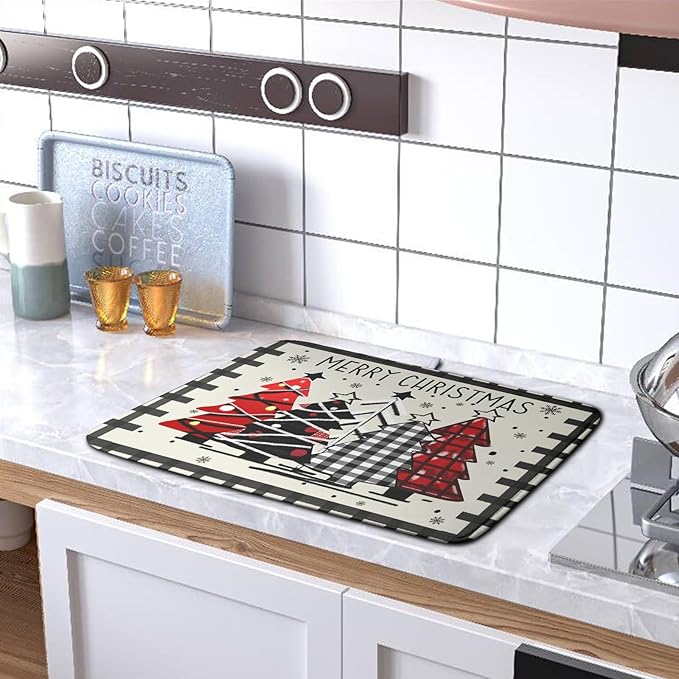 Merry Christmas Dish Drying Mats for Kitchen Counter 16x18 Buffalo Plaid Christmas Tree Microfiber Absorbent Drying Mat Seasonal Winter Holiday Drying Pad Dish Drainer Mat for Coffee Bar Sinks - Image 5