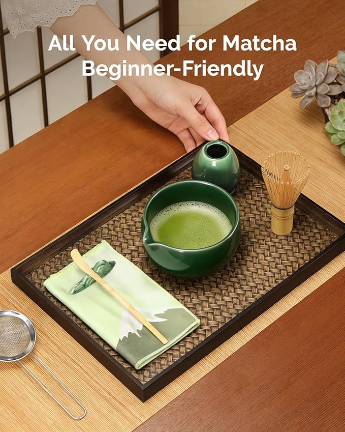 Maestri House Matcha Whisk Set, 7-Pc Complete Matcha Kit with Spouted Ceramic Bowl, Bamboo Whisk and Holder, Scoop, Spoon Rest & Sifter, Tea Cloth – Ideal Gift for Matcha Lovers (Emerald Kanso) - Image 8