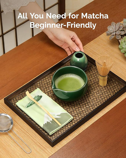 Maestri House Matcha Whisk Set, 7-Pc Complete Matcha Kit with Spouted Ceramic Bowl, Bamboo Whisk and Holder, Scoop, Spoon Rest & Sifter, Tea Cloth – Ideal Gift for Matcha Lovers (Emerald Kanso) - Image 8