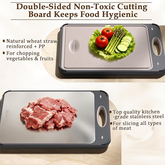 GUANCI Cutting Board for Kitchen Double Sided 304 Stainless Steel Chopping Board Food-Grade Stainless Steel and Wheat Straw PP Samll Size 14’’×9.6’’ Easy to Clean - Image 2