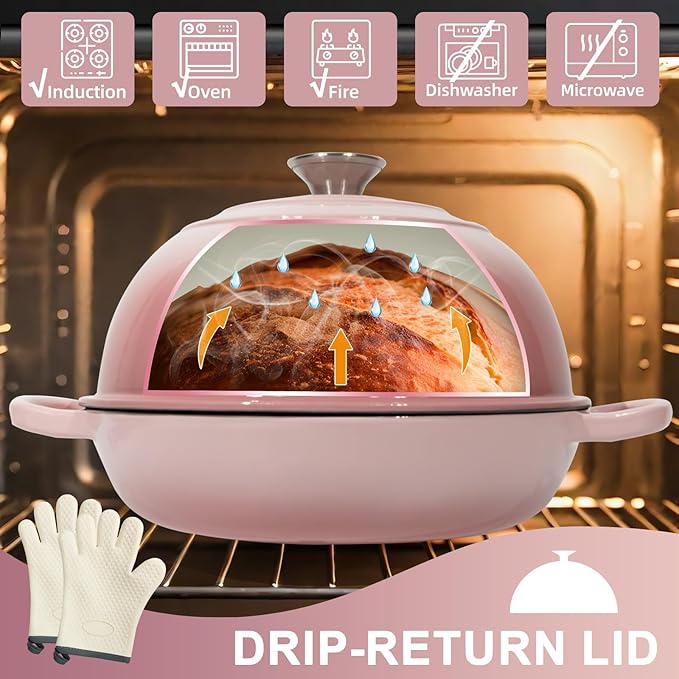 AHJ 6QT Dutch Oven For Bread Baking, Enameled Cast Iron Dutch Oven Pot with Lid, Multi-Functional Bread pan, Sourdough Baking Supplies with Proofing Basket, Cast Iron Bread Oven, Silicone Sling & Gloves. - Image 4