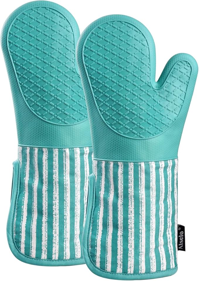 Alselo Silicone Oven Mitts Heat Resistant 932℉ with Waterproof & Non-Slip Kitchen Mittens, Set of 2 Extra Long Oven Gloves with Soft Cotton Terry Lining for Baking Cooking Barbecue - Image 9