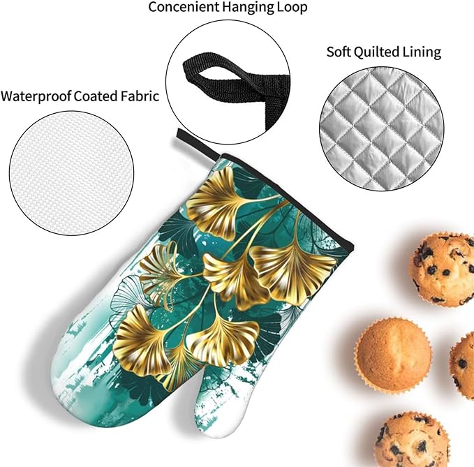 Teal Gold Green Leaves Oven Mitts and Pot Holders Set Heat Resistant Non Slip Set of 3 Decorative Kitchen Gloves Hot Pads for Cooking BBQ Baking Grilling - Image 5