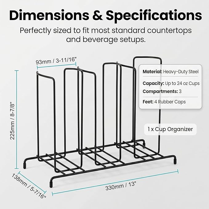 QWORK Wire Frame Cup and Lid Organizer, 3 Compartment Metal Wire Rack for Coffee Station Plastic Beverage Cups and Lids Countertop Storage Holder Black Steel Cup Dispenser