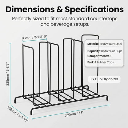 QWORK Wire Frame Cup and Lid Organizer, 3 Compartment Metal Wire Rack for Coffee Station Plastic Beverage Cups and Lids Countertop Storage Holder Black Steel Cup Dispenser