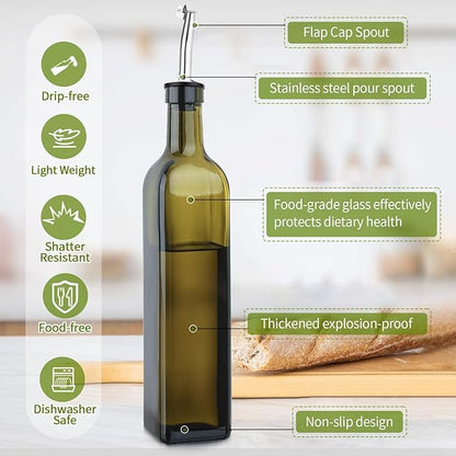 Green Olive Oil Dispenser Bottle - 17oz/500ml Glass Oil and Vinegar Bottles Set for Kitchen, Oil Dispenser with 2 Stainless Steel Pourers, Funnel and Brush - Image 3