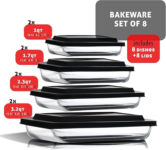 EATEX 16-Piece Deep Glass Casserole Dishes for Oven with Plastic Lids, Glass Baking Dishes for Oven, Rectangular Bakeware for Lasagna, Cooking, Leftovers, Kitchen, Freezer to Oven Dishwasher Safe - Image 9