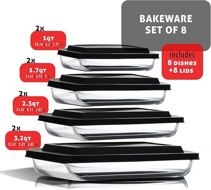 EATEX 16-Piece Deep Glass Casserole Dishes for Oven with Plastic Lids, Glass Baking Dishes for Oven, Rectangular Bakeware for Lasagna, Cooking, Leftovers, Kitchen, Freezer to Oven Dishwasher Safe - Image 9