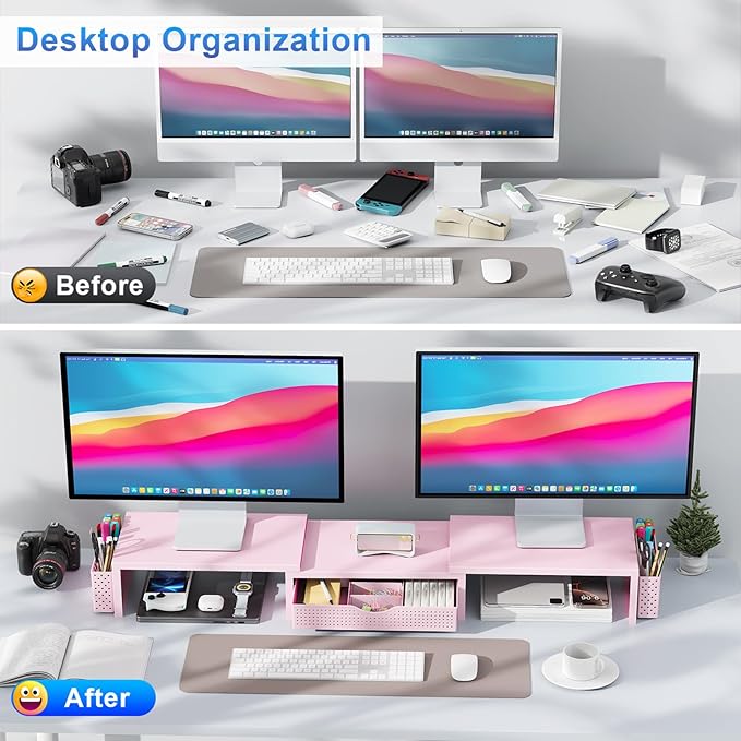 gianotter Dual Monitor Stand Riser, Desk Organizer With Drawer and 2 Pen Holders,Desk Organizers and Accessories, Pink Office Supplies (Pink) - Image 2