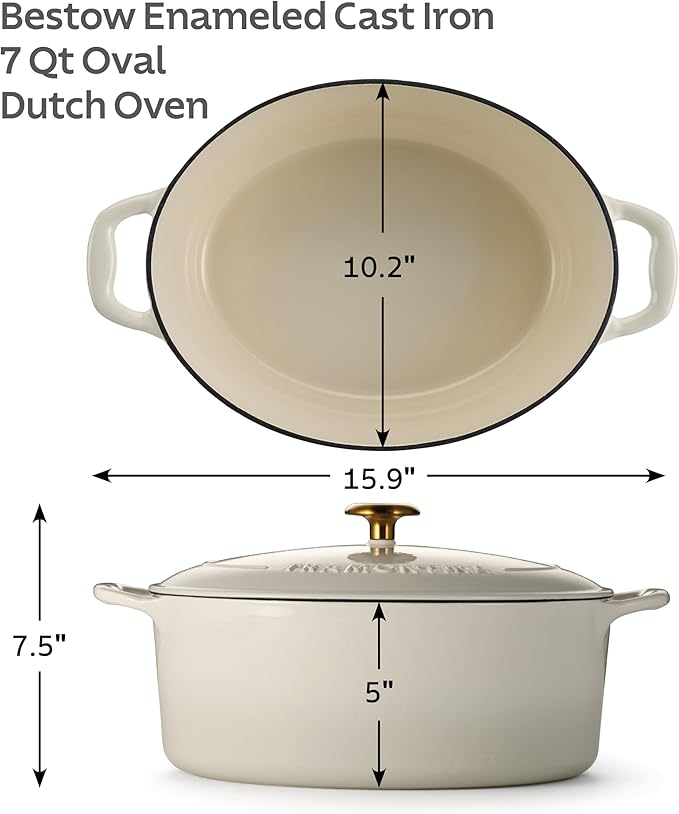 Tramontina Bestow Enameled Cast Iron Oval Dutch Oven Pot with Lid, Large 7-quart, Latte (Gold Knob) - Image 2