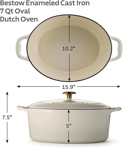 Tramontina Bestow Enameled Cast Iron Oval Dutch Oven Pot with Lid, Large 7-quart, Latte (Gold Knob) - Image 2
