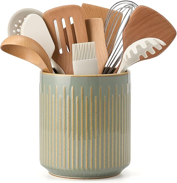 JIEMEI HOME Kitchen Utensil Holder, Ceramic Stable Utensil Crock for Countertop, 7.2" Large Utensil Organizer with Cork Mat, Removable Bamboo Divider for Kitchen Décor and Accessories, Green by JHJIEMEIHOME