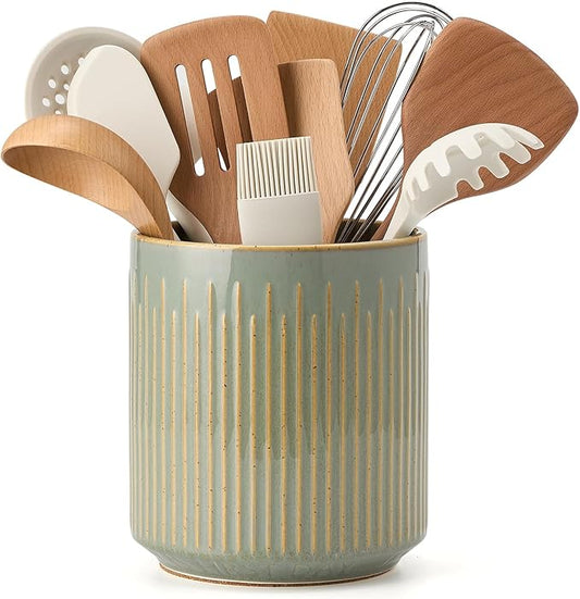 JIEMEI HOME Kitchen Utensil Holder, Ceramic Stable Utensil Crock for Countertop, 7.2" Large Utensil Organizer with Cork Mat, Removable Bamboo Divider for Kitchen Décor and Accessories, Green by JHJIEMEIHOME