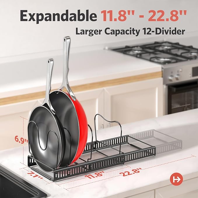 ORDORA Pots and Pans Organizer under Cabinet, Expandable 11.8"-22.8" Pot Lid Holder with 12 Adjustable Dividers, Pan Organizers inside Cabinet for Kitchen Cookware Bakeware, Black - Image 3