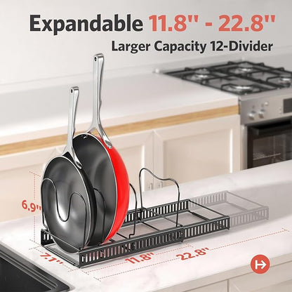 ORDORA Pots and Pans Organizer under Cabinet, Expandable 11.8"-22.8" Pot Lid Holder with 12 Adjustable Dividers, Pan Organizers inside Cabinet for Kitchen Cookware Bakeware, Black - Image 3