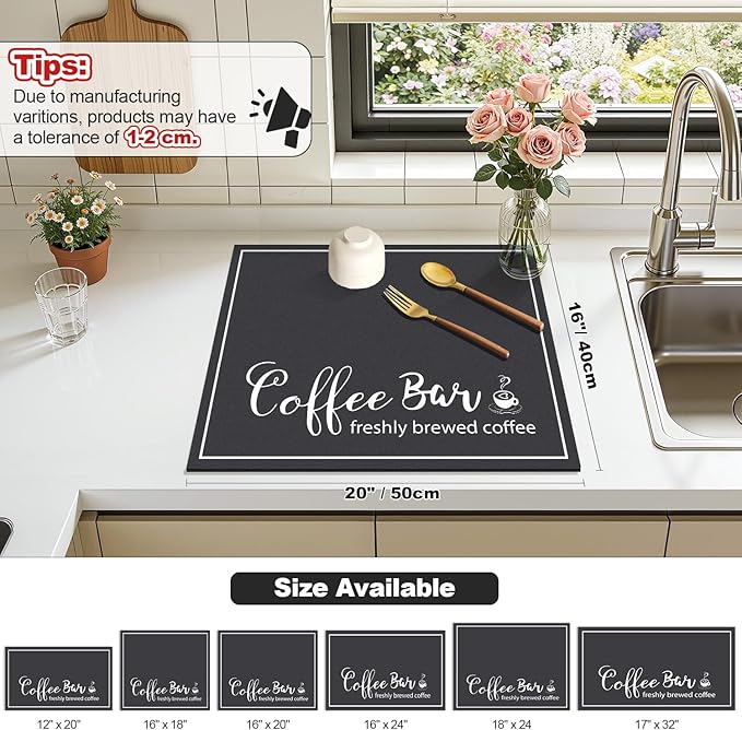 Findosom Dish Drying Mat, 16" x 20" Super Absorbent & Hide Stain Coffee Mat, Cuttable Drying Mat for Kitchen Counter, Coffee Bar Accessories, Under Dish Rack, Coffee Maker, Espresso Machine, Black - Image 2