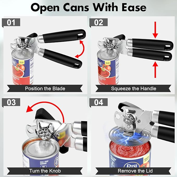 3PCS Can Opener Manual & Bottle Opener & Wine Opener, Smooth Edge Can Openers with Strong Magnet, Heavy Duty Stainless Steel Abrelatas Handheld Waiter Corkscrew - Premium Kitchen Supplies (Black) - Image 8