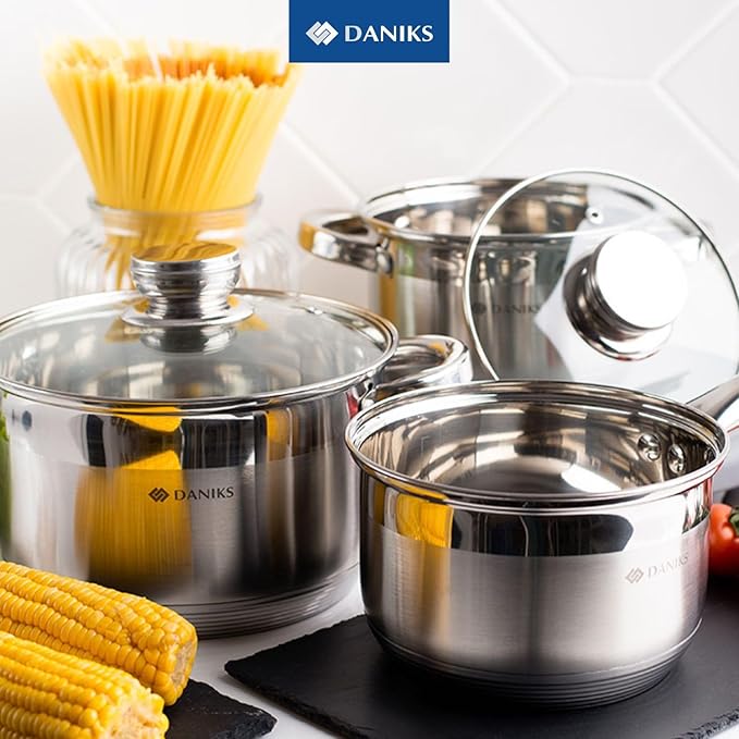 Daniks Standard 2 Quart Stainless Steel Stock Pot with Glass Lid, Tri-Ply Bottom for Even Heating, Induction Compatible, Dishwasher Safe, Built-In Measuring Scale, Silver