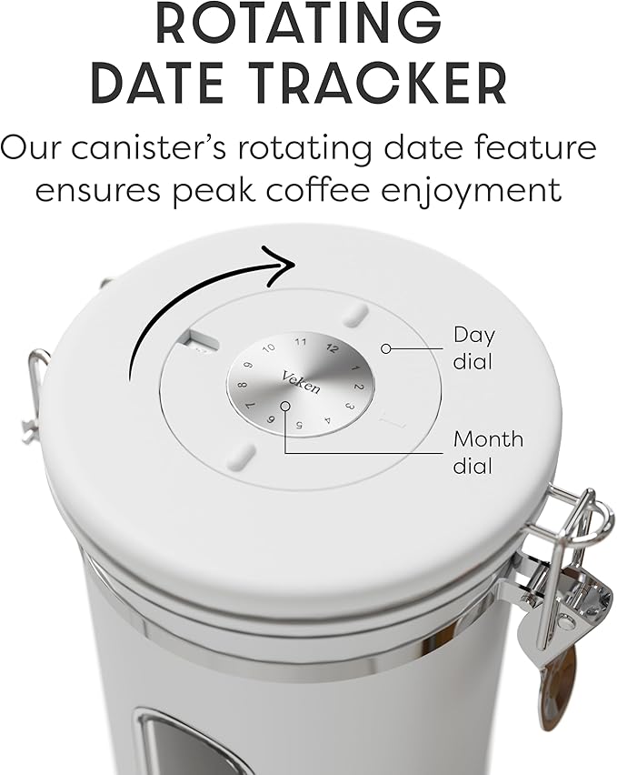 Veken Coffee Canister with Window, Airtight Stainless Steel Kitchen Food Storage Container with Lids, Date Tracker and Scoop for Grounds Coffee, Beans, Tea, Flour, Cereal, Sugar Jars, 22OZ, White - Image 6