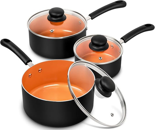 MICHELANGELO Nonstick Sauce Pan with Lid 1QT, 2QT & 3QT, Ceramic Saucepan Set, Copper Sauce pans, Non-Toxic Saucepan, Multipurpose Cooking Pots Set For Home Kitchen, Compatible induction by Michelangelo