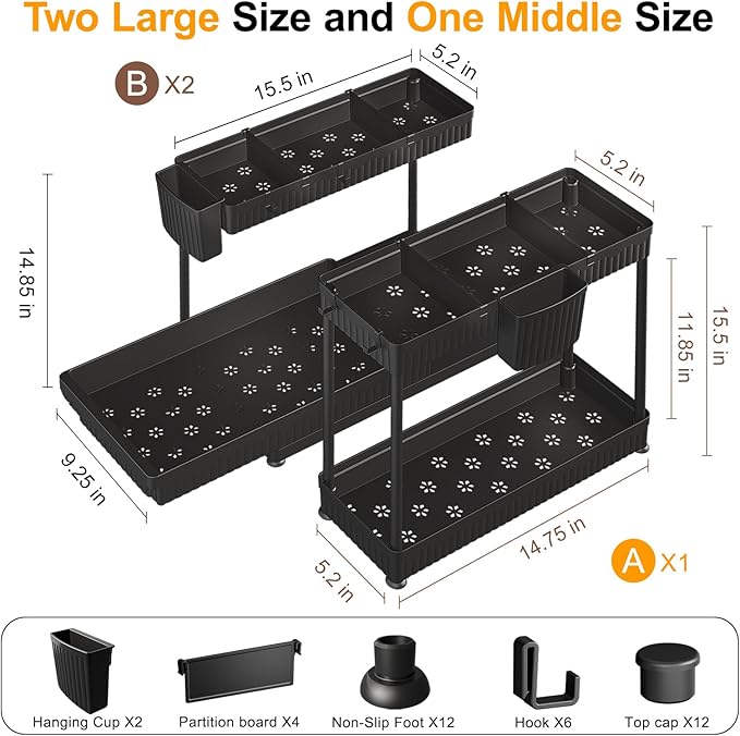 Sevenblue 3 Pack Multi-Purpose Under Sink Organizers and Storage, 2026 L-Shaped Pull Out Cabinet Organizer for Bathroom & Kitchen, Under Cabinet Organizer with Hooks Hanging Cup (Black, 14.85 inch) - Image 6