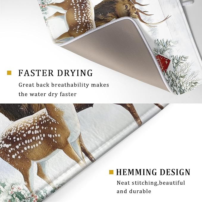 Giwawa Winter Deer Dish Drying Mat 18"x24" Xmas Tree Bird Holly Berry Dish Drainer Mats Elk Moose Snow Cottage Farmhouse Reversible Large Dish Drying Pad Protector for Kitchen Countertop Decor
