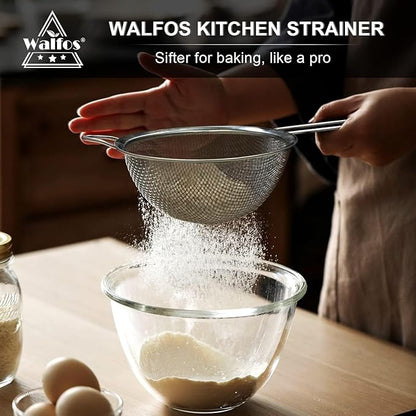 Walfos Fine Mesh Strainer and Fat Skimmer Spoon Set, Multipurpose Metal Strainers for Kitchen, Rice, Quinoa, Food, 304 Stainless Steel Fat Skimmer For Cooking, Fat, Grease, Floating Foam, 5 Pack - Image 5