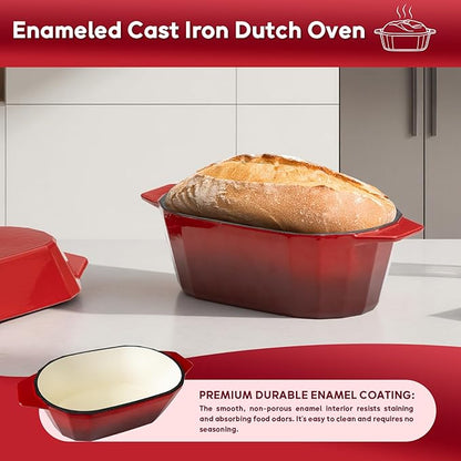 Enameled Cast Iron Sourdough Bread Oven – 3.3QT Dutch Oven for Baking with Lid, Non-Stick Oval Cast Iron Bread Oven for Sourdough-Loaf Cast Iron Bread Pan(Red)