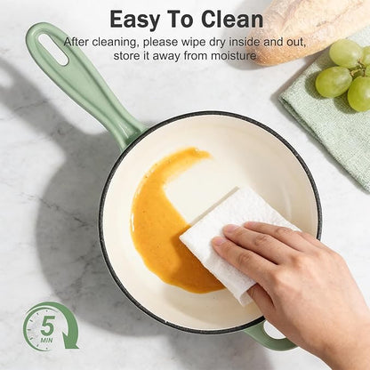 Enameled Cast Iron Sauce Pan With Lid, 1 Quart Cast Iron Saucepan with Lid, Heavy Duty Small Dutch Oven Pot for Cooking Pasta Sauce, Soup, Milk, Oven Safe up to 500°F (Fig Green)