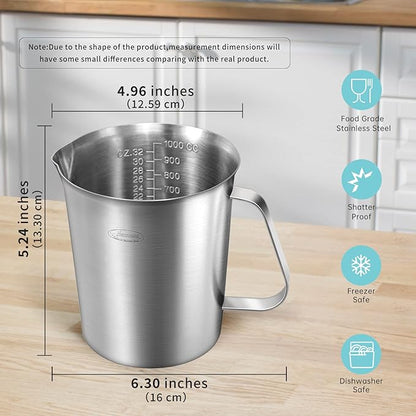 Newness Measuring Cup, [Upgraded, 3 Measurement Scales, Including Cup Scale, ML Scale, Ounce Scale], Stainless Steel Measuring Cup with Marking with Handle, 32 Ounces (1.0 Liter, 4 Cup) (Pack of 2) - Image 4