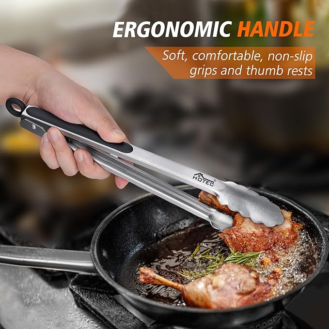 Hotec Stainless Steel Kitchen Tongs, Set of 3-7", 9" and 12", Locking Metal Food Tongs for Cooking, Serving, BBQ, Grill with Non-Slip Grip - Image 5