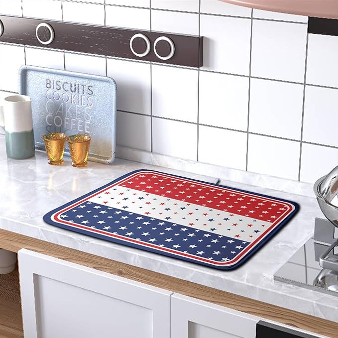 4th of July Dish Drying Mat for Kitchen Counter Patriotic Red White Blue Stars Drying Pad Microfiber Absorbent Dish Draining Mat Microfiber Independence Day Dish Drainer Rack Mats 16x18 Inch - Image 5