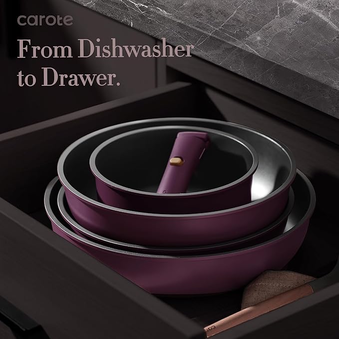 CAROTE 21pcs Pots and Pans Set, Nonstick Cookware Set Detachable Handle, Induction Kitchen Cookware Sets Non Stick with Removable Handle, RV Cookware Set, Gold and Purple - Image 8